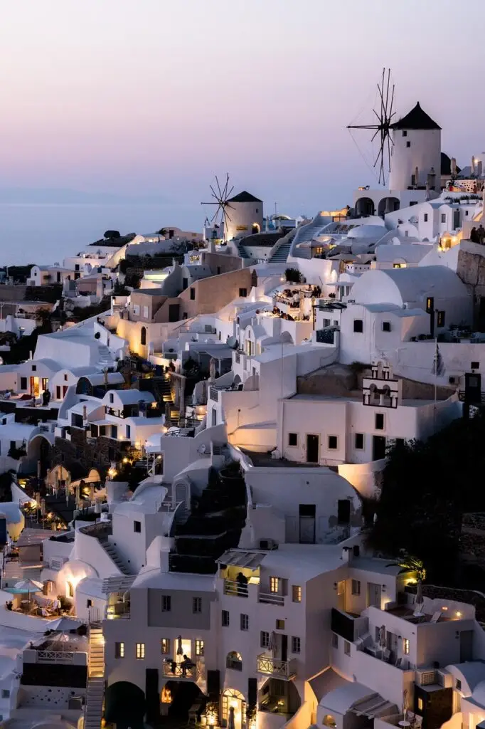 greece, sea, nature, santorini, summer, houses, sea view, greek, architecture, windmills, sunset, place, mood